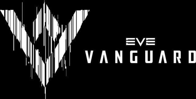 EVE Vanguard: Bold geometric sans-serif with distressed glitch-stripe V emblem.