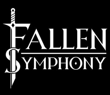 Fallen Symphony: Sharp serif lettering with sword forming F, long underline, eye-like O.