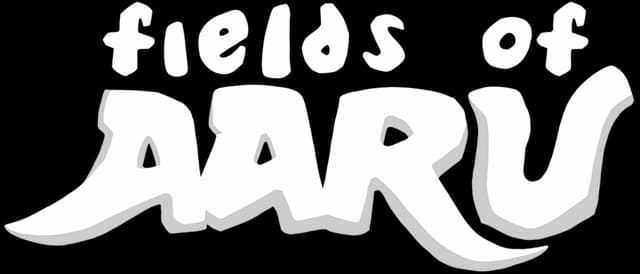 Fields of Aaru: Bold rounded lettering with thick outline and drop shadow, slight tilt.