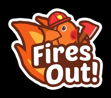 FiresOut!: Bold rounded white letters with thick outline, cartoon fish in fire helmet.