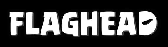 Flaghead: Bold rounded block letters with subtle curve and dark drop shadow effect.