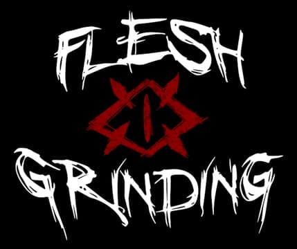 Flesh Grinding: Rough brush-stroke lettering with a red jagged emblem at center.