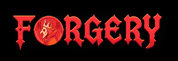 Forgery: Gothic red lettering with beveled glow, coin emblem replacing the O.
