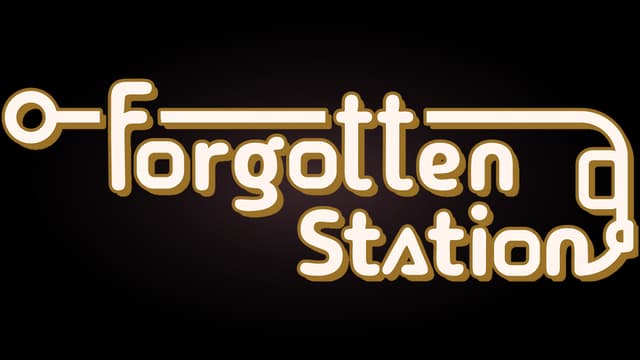 Forgotten Station: Rounded retro lettering with gold outline, rail-line accents and key icon.