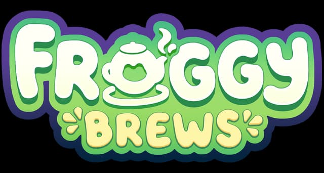 Froggy Brews: Rounded bubble lettering with thick outlines; teacup O with steam icon.