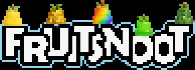 FruitSnoot: Bold pixelated white letters with thick black outline and cyan glow.