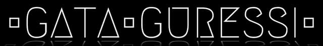 Gata Guressi: Thin geometric sci-fi lettering with square dots and glitch streaks.