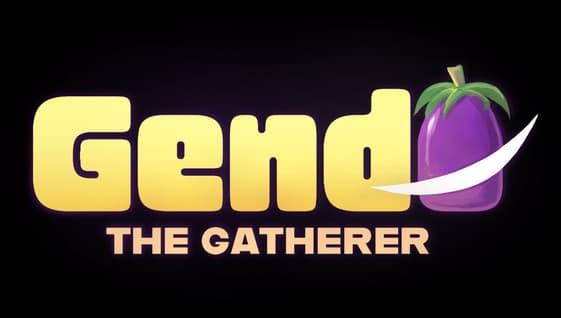 Gendo The Gatherer: Bold rounded yellow lettering with eggplant and swoosh accent.