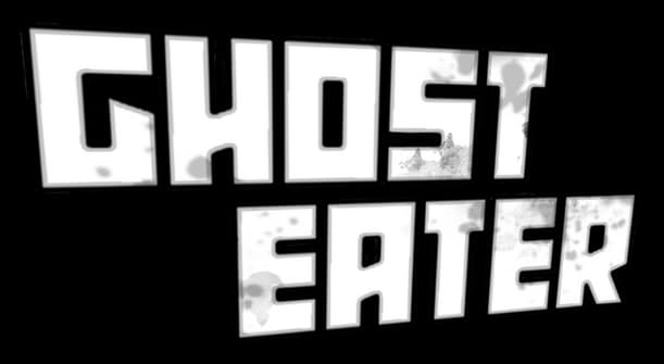 GHOST EATER: Bold block letters with thick outline, tilted perspective, smoky grunge fill.