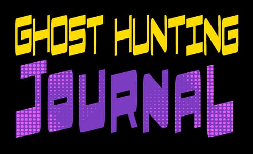Ghost Hunting Journal: angular block font, stacked title, halftone dotted JOURNAL text.
