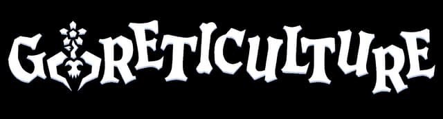 Goreticulture: Jagged gothic serif wordmark with thorny sprout icon and drop shadow.