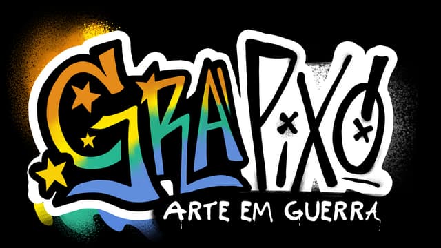 Grapixo Arte em Guerra: graffiti bubble lettering, bold outline, paint-splatter glow.