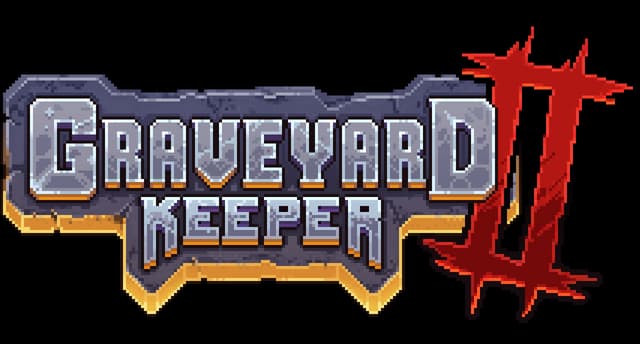 Graveyard Keeper 2: Pixel-art stone-carved block letters with glowing gold edge, red II.