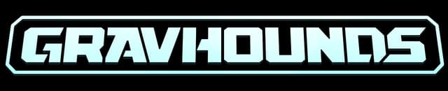 GRAVHOUNDS: Bold angular sci-fi letters with inner glow, set in a double outline badge.