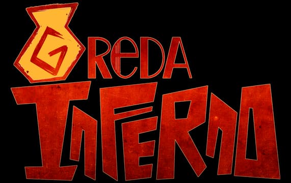 Greda Inferno: Textured, angular 3D lettering with a cracked pot emblem above.