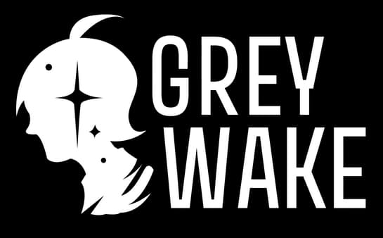 Grey Wake: Bold distressed sans-serif caps with stacked words and ghostly head icon.