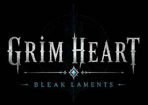 Grim Heart: Weathered gothic serif letters with icy glow and central sword divider.