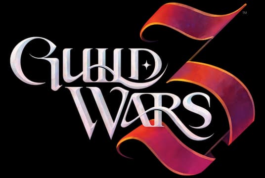 Guild Wars 3™: Ornate serif lettering with beveled glow, overlaid by ribbon-like 3.