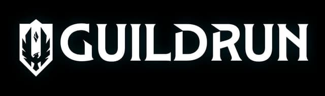 Guildrun: Bold sharp serif lettering with a beveled shield emblem and runic cutouts.