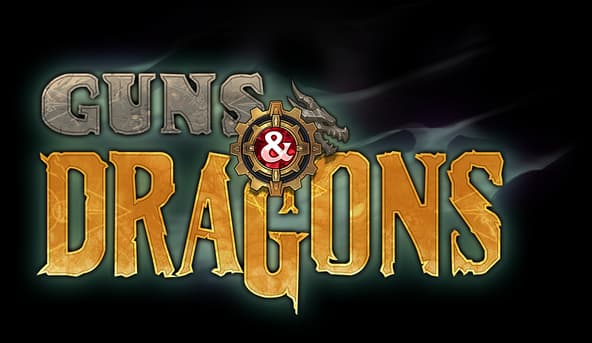 Guns and Dragons: Metallic 3D serif text with gold bevel and gear ampersand emblem.