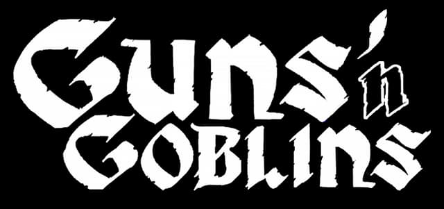 Guns 'n Goblins: Jagged gothic lettering with rough, torn edges and bold weight.