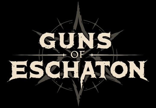 Guns of Eschaton: Jagged gothic serif lettering over a sharp compass-rose sigil.