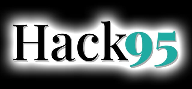 Hack '95: Elegant serif lettering with teal “95” and subtle drop shadow.