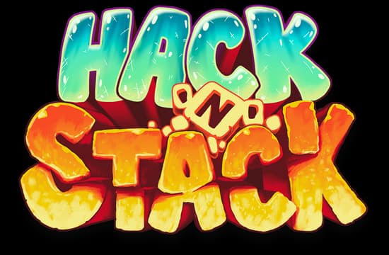 Hack 'n' Stack: Chunky cartoon letters with glossy highlights, bold outline, drop shadow.