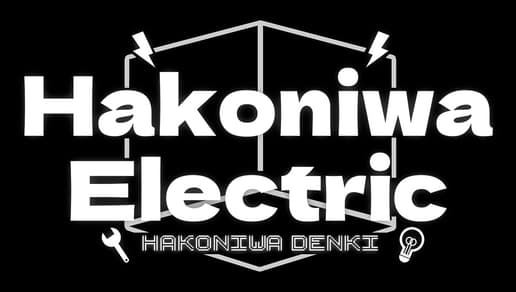 Hakoniwa Electric: Bold rounded letters with thick outline, crest badge and sparks icons.