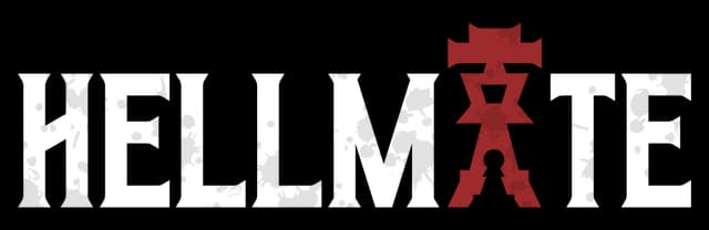 Hellmate: Distressed bold serif wordmark with red chess-king A centerpiece.