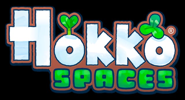 Hokko Spaces: Chunky icy letters with sprout accents, green rounded subtitle, thick outline.