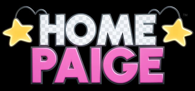 Home Paige: Chunky 3D block letters, chrome HOME, pink PAIGE, star icons.