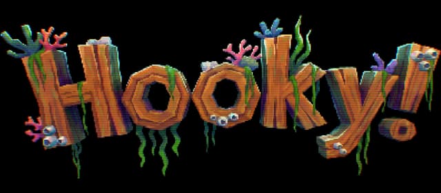 Hooky: Chunky 3D wood letters with fish eyes, seaweed drips, and glitch outline.