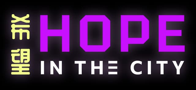 Hope in the City: Bold blocky purple title with soft glow and outlined capsule border.