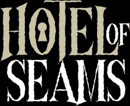 Hotel of Seams: distressed serif lettering with warped proportions and rough edges.