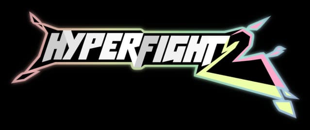 HYPERFIGHT 2: Slanted bold wordmark with white-to-gray fill, neon pastel outline.
