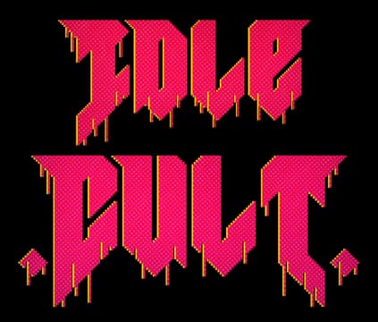 Idle Cult: jagged gothic letters with dripping slime effect and halftone texture.
