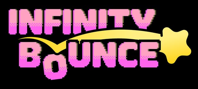 Infinity Bounce: Chunky pixel font, pink gradient letters, yellow swoosh to star icon.