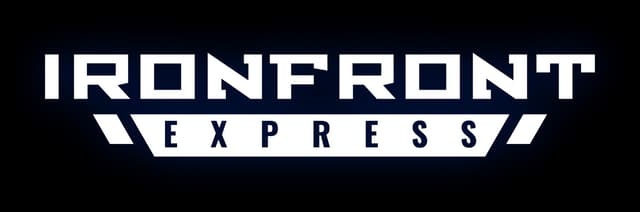Ironfront Express: Bold angular sci-fi lettering on a beveled badge with glow edge.