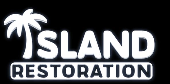 Island Restoration: Bold rounded white letters with palm icon, dark outline glow.