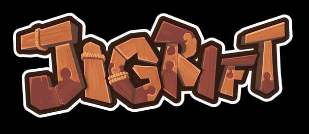 Jigrift: Chunky wooden letters with carved texture, rope wraps, bold white outline.