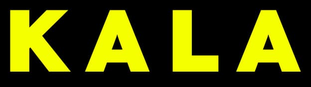 KALA: Bold blocky sans-serif letters with bright neon glow and subtle shadow.