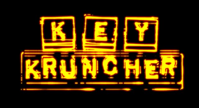 KEYKRUNCHER™: Blocky keypad letters with fiery neon glow, outlined and distressed edges.