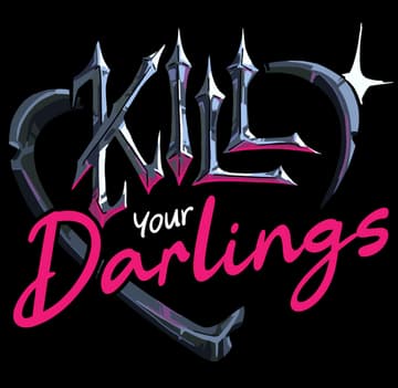 Kill Your Darlings: Spiked metallic serif over neon cursive, heart outline, star glint.