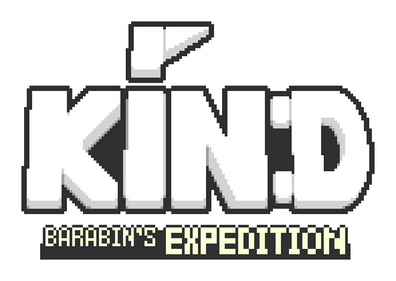 KIN: Bold chunky block letters with thick outline, pixel-shadow, tagline below.