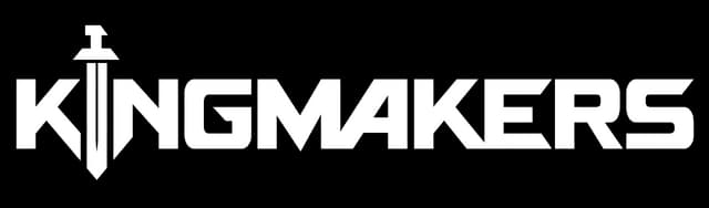 Kingmakers: Bold angular sans-serif wordmark with sword-shaped K and sharp cuts.