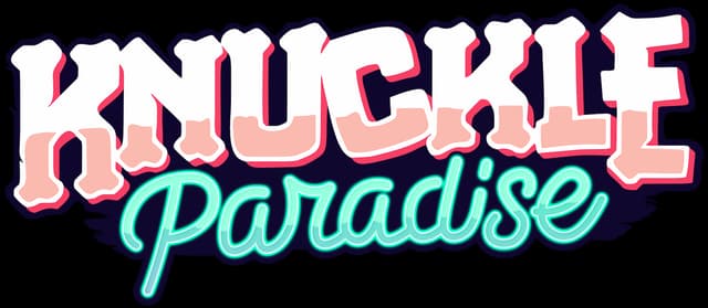 Knuckle Paradise ®: Chunky retro letters with pink bevel; glowing teal neon script beneath.