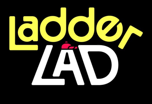 Ladder Lad: Rounded bold letters, arched yellow “ladder” over chunky white “LAD”.