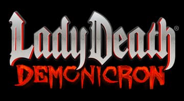 Lady Death Demonicron: gothic metallic beveled text over jagged glowing blood-red title.