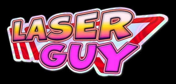 Laser Guy: Bold italic bubble letters with neon gradient, thick outline, glossy sheen.